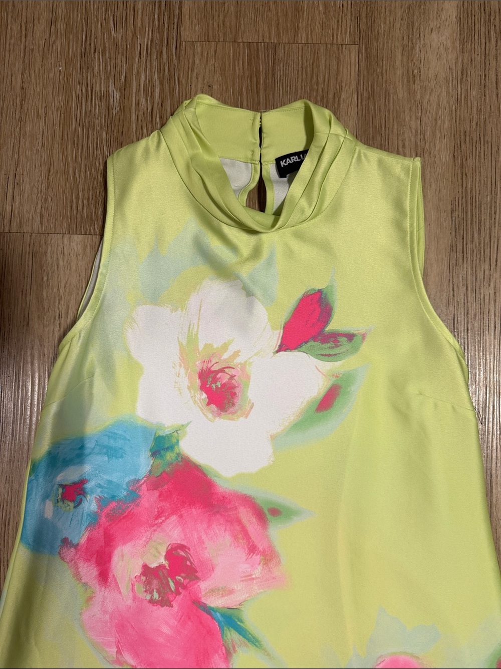 Karl Lagerfeld Lime Green Sleeveless Maxi Dress with Pink & Blue Floral Print 12 - Picture 2 of 4